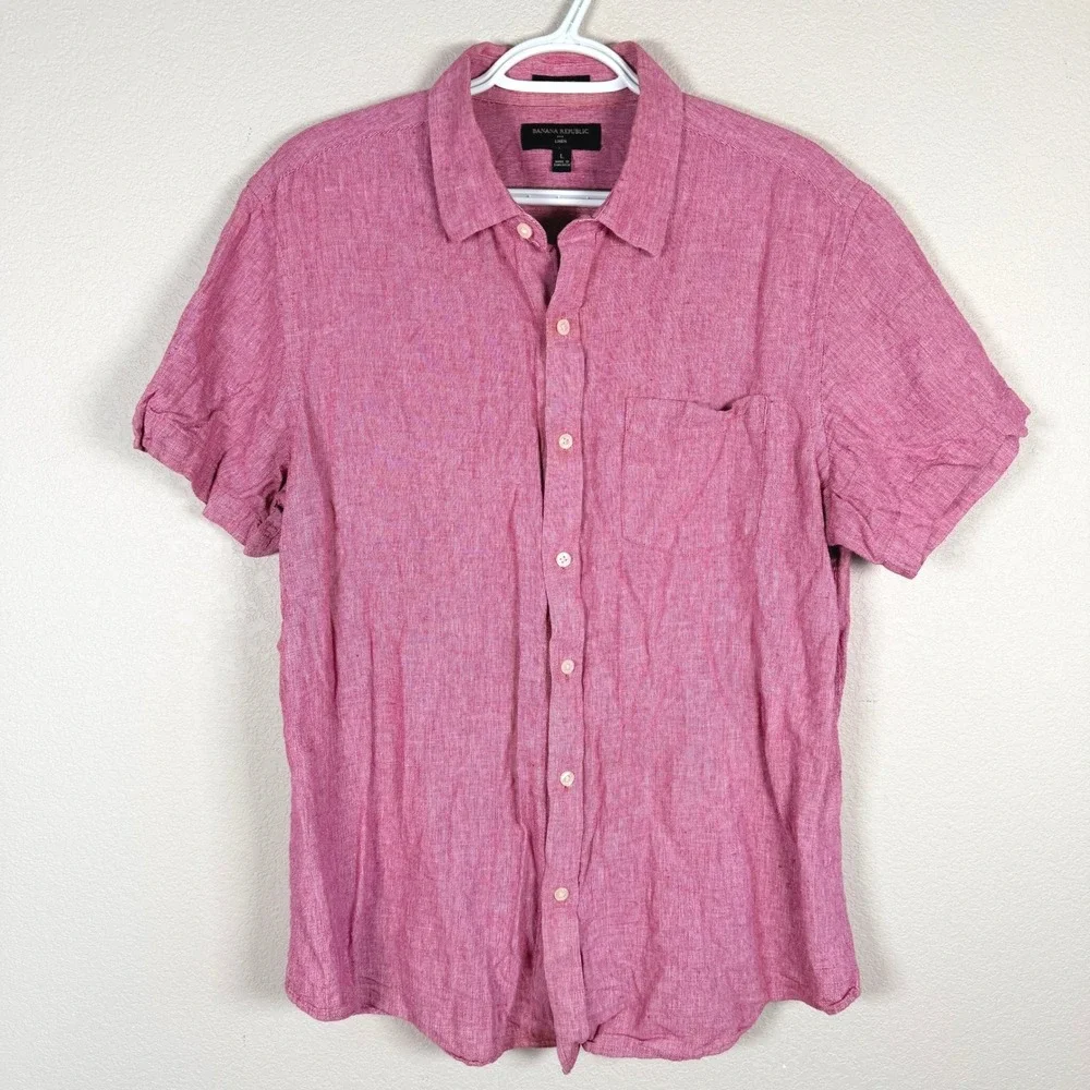 Banana Republic Linen Blend Button Up Shirt Mens L Red Slim Fit Short Sleeve